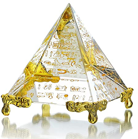 H&D HYALINE & DORA 60MM Crystal Pyramid Prism Paperweight Positive Energy Ornament Glass Egyptian Pyramid with Egyptian Gold Character for Home Decoration/Gift/Collection