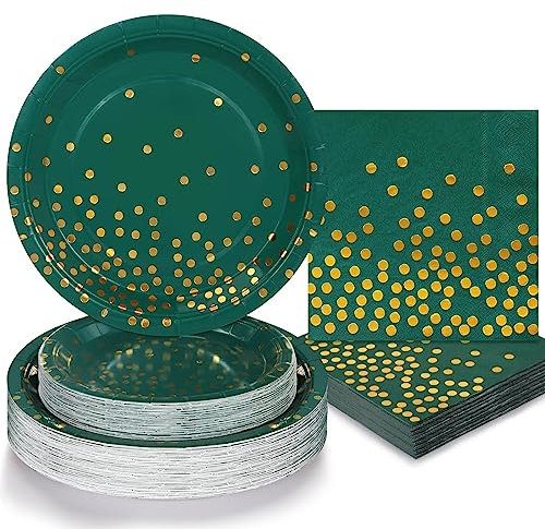 AONELAS Boocikey 150PCS Green Plates and Napkins Party Supplies, Golden Dot Green Paper Plates for 50 Guests, Green and Gold Party Decorations for Holiday Wedding Birthday Prom Graduation Party