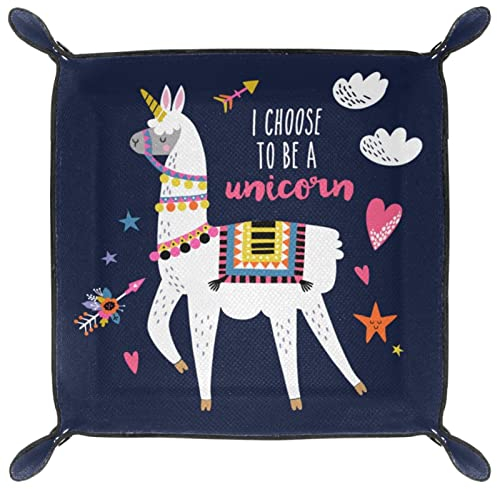 Bandeja de Piel para Llaves,Bandeja para Joyas,Llama Alpaca con Unicornio,Bandeja de tocador Organizador de Escritorio para Mesa