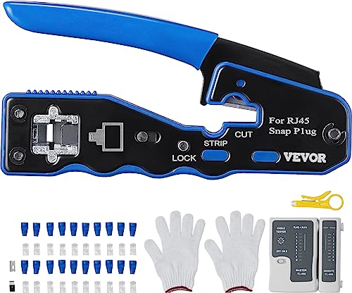 VEVOR Pinza Crimpatrice RJ45 Kit di Strumento a Crimpare per Ethernet Cat5e/Cat6/Cat6a, Pinza Cavo di Rete 26AWG 24AWG 23AWG 8 Pin Spine Modulari con 20 Coperture Connettore Spelafili Tester di Rete