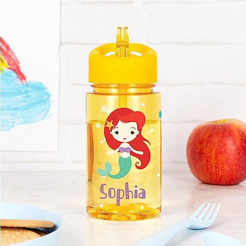 Wanapix | Borraccia per Bambini Personalizzata | Bottiglia con Nome | Scuola/Asilo/Sport | Beccuccio e Maniglia | Tritan - Senza BPA | 440 ml | Giallo - Sirenetta
