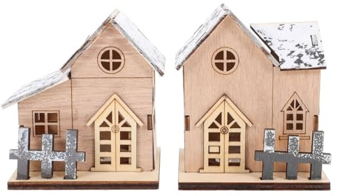 2Pcs LED Wooden Christmas Village Houses Wooden Led Illuminated Cabin Christmas Decorations Warm Glow Log Cabins Xmas Decors Desktop Ornaments for Home Office Bedroom Atmosphere Light