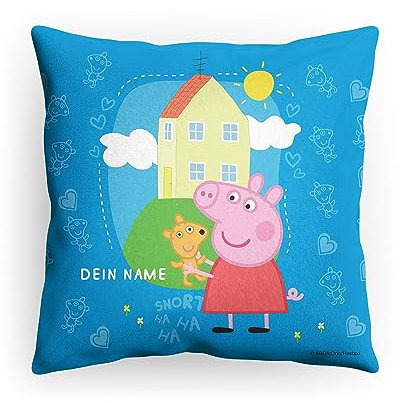 PICANOVA Kissen Peppa Pig mit Name - Weiches Plüsch Dekokissen mit Füllung - Personalisiertes Peppa Pig Kopfkissen für Kinder - Individuell Geschenk für Kinder - Peppa Wutz mit Teddy - 40x40cm