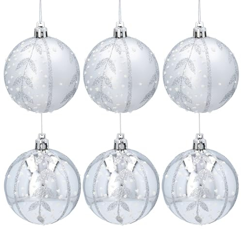 sarcia.eu Silberne Weihnachtsbaumkugeln, Set aus Kunststoff-Weihnachtskugeln mit Glitzer, Weihnachtsschmuck 7 cm, 6 Stück