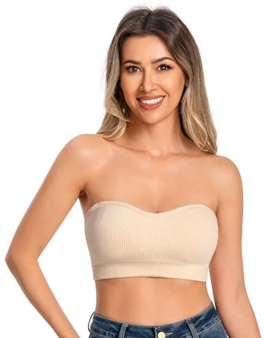 ANGOOL Bandeau Bra Women Padded Strapless Seamless Bra Tube Tops Invisible Bralettes with Convertible Straps,Beige,XL