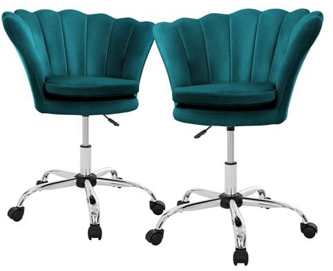 ML-Design Bürostuhl 2er Set aus Samt, Petrol, Polsterstuhl mit Rückenlehne, höhenverstellbar, 360° Drehstuhl 5 Rollen, Metallgestell, Muschel-Sessel gepolstert, Ergonomischer Büro-Schreibtischstuhl