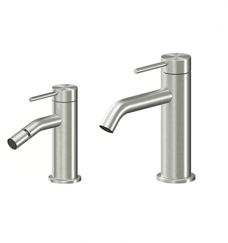 coppia kit rubinetti lavabo bidet in acciaio inox satinato diametro 35mm
