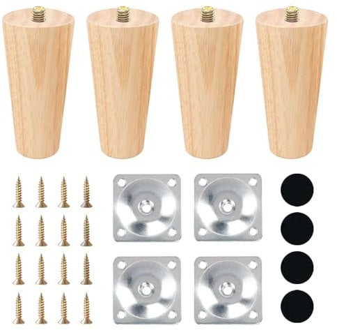 PCKOBEVER 4 Pcs 8cm Wooden Furniture Legs,Wooden Sofa Legs Replacement Solid Beech,Solid Chair Legs Cabinet Feet With Non-slip Mat,Screws & Mounting Plate,Furniture Feet DIY Replacement Feet