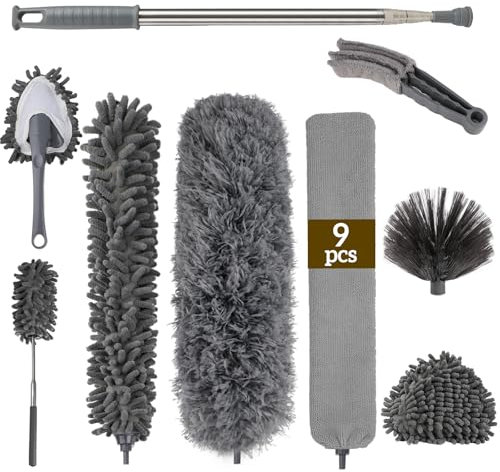 9 Piezas Plumero Telescopico, Longitud Extensible hasta 245 cm, Escoba de Esquina Flexible de Microfibra para Techos Altos, para Telaraña, Ventiladores de Techo, Telarañas y Lámparas de Araña