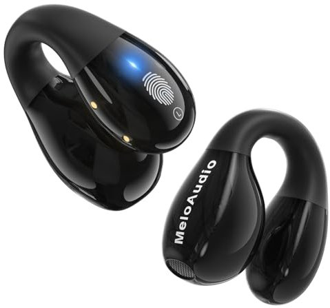 MeloAudio Open Clip Earbuds, Open Ear Headphones with 120 Hours Playtime, Bluetooth 5.3 Clip On Earbuds with Charging Case LED Display, Sport Headphones for Running, Work, Fitness, Obsidian Black