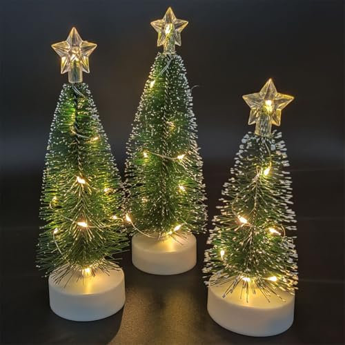 JOYWU Mini Christmas Tree with Lights and Star Tree Topper,3 Pcs Lighted Artificial Bottle Brush Trees with 2 Lights Modes,Desktop Small Pine Trees Ornaments,Christmas Table Decorations (warm)