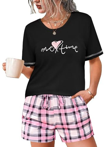 Leversic Pyjama Coton Femme Court Ete Ensemble de Pyjama Vêtement de Nuit à Manches Courtes Short à Carreaux, Noir L