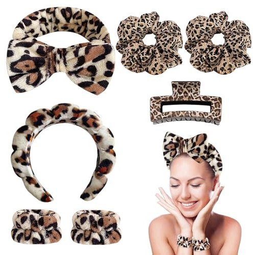 Spove 7pcs Skincare Headband Set, Spa Headbands and Hairbands for Women, Hair Scrunchies, Makeup Wristbands, Hairpin, Face Washing Make Up Hair Band (Leopard, One Size)