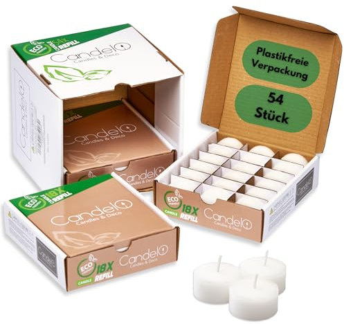 Candelo Juego de 54 velas de té de cera en blanco sin funda – recarga de cera – 6 horas de combustión, sin aroma, sin plástico, sin hollín