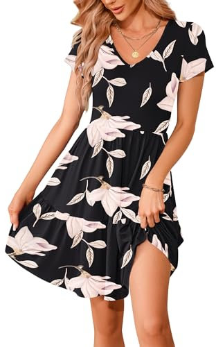 WNEEDU Women's Summer Dress V Neck Short Sleeve Casual Dress Pleated Hem Knee Length T-Shirt Dresses with Pockets Morning Glory M