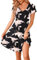 WNEEDU Women's Summer Dress V Neck Short Sleeve Casual Dress Pleated Hem Knee Length T-Shirt Dresses with Pockets Morning Glory M