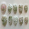 Green French Tip Press on Nails Medium Almond Shape Fake Nails with 3D Pearl Rhinestones Designs Flowers Acrylic White Floral Full Cover Glossy Stick on False Nails Manicure Kits for Women 24Pcs