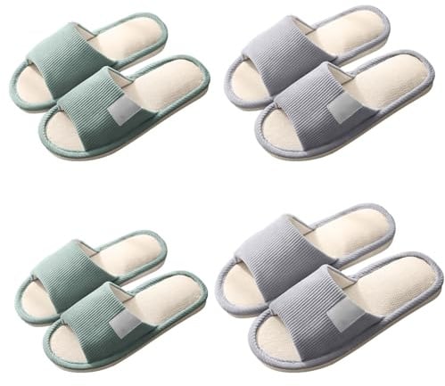 4 Paar Unisex Hotelslipper Set, GäStehausschuhe Hotelslipper, Leinen Hausschuhe, offener Zeh Pantoffeln, Gäste Slippers für Damen Herren, Waschbar Badelatschen für Spa, Party, Hotel