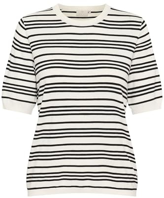 KAFFE Women's Pullover Crew Neck Short Sleeves Regular Fit Horizontal Stripes, Chalk/Black Stripe, Medium