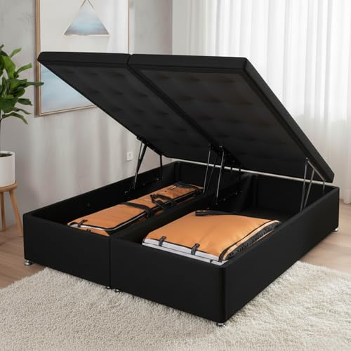 HB-1 Ottoman Storage Bed - Luxury Divan King Size Bed Frame- Soft Plush Velvet Gas Lift Up Divan Bed Base, Ottoman Frame with Solid Base and End Lift Bed (Black Plush, King Size 5F)