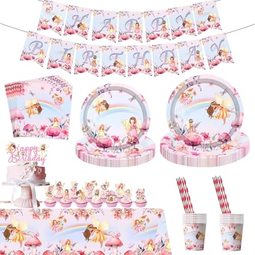 AKONE 101 Stück Feen Partygeschirr Geburtstag Deko Mädchen für 10 Gäste, Feen Party Geschirr Set mit Pappteller Servietten Pappbecher Servietten Tischdecke Girlande Tortendeko für Kindergeburtstag
