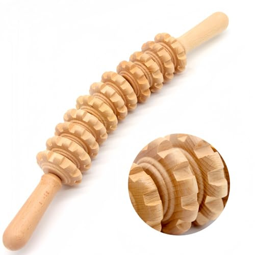 Alfven Rouleau de Massage Bois, Scooters de Massage en Bois Rouleau de massage en bois de massage Bâton Fascia avec 12 rouleaux rotatifs pour le dos, les jambes, le cou la Relaxation Musculaire