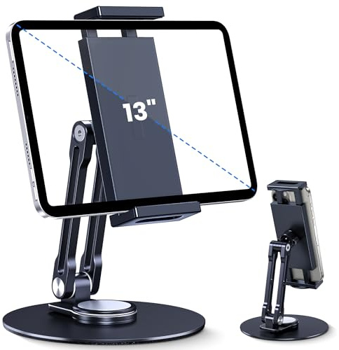 Lucrave Aluminum 360° Swivel Tablet Stand for iPad, Fits 4-13 Tablets | Adjustable with 360 Rotating Base for Desk, Aluminum Swivel Tablet Holder Fits iPad Pro/Air/Mini, 10.2/9.7 and 4-13 Tablets