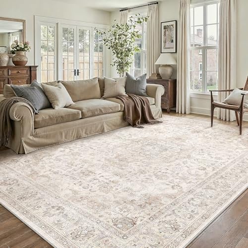 PureCozy Waschbarer Beige Teppich Wohnzimmer 160x230cm Vintage Tepich | Weich Kurzflor Groß Carpet, Rutschfest, Leicht, Schlafzimmer, Esszimmer, Büro, Kinderzimmer