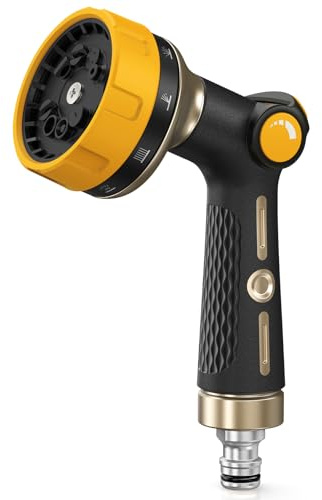 RAINPOINT Hose Pipe Spray Gun, 10 Patterns, Heavy Duty Metal Garden Hose Spray Gun with Thumb Flow Control, High Pressure Hose Nozzle Sprayer for Watering Plants, Lawns, Car and Pet Washing, Yellow