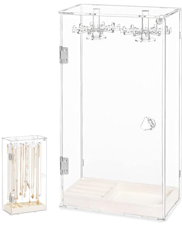 QKNOSM Necklace Stand, Acrylic Jewelry Stands with Velvet Tray Dustproof Necklace Holder Clear Jewellery Display Stand for Necklaces Bracelets Rings Earrings