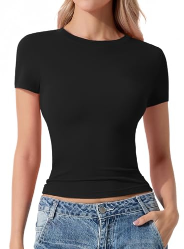 Women's Short Sleeve T-Shirt Slim Fit Soft Crew Neck Tee | Basic Plain Stretchy Summer Casual Everyday Going Out Top Y2K Office Looks