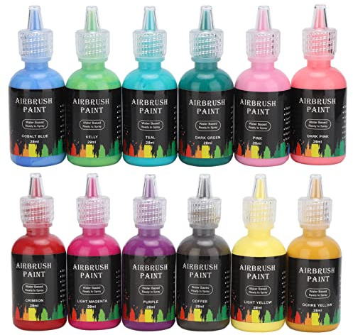 12-farbiger Airbrush-Tintenfarbensatz, wasserbasierte DIY-Kunstfarbe für Handwerk, Auto, Fliesen, Felsen, insgesamt 348 ml mit lebendigen mattierten Farben für den Mehrfachoberfläc