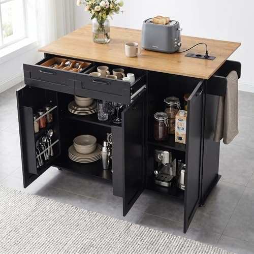 Songvas Isla de Cocina con Ruedas, Carro de Cocina con 2 Enchufes y 2 Puertos USB, Mueble de Cocina con Encimera Abatible, 119,5 x 74 x 94 cm, para Cocina y Comedor, Negro