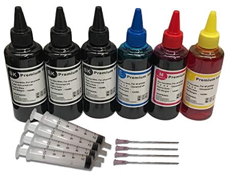BVH Direct 6 x 100ml Black Cyan Magenta Yellow Bottled Compatible with HP, Canon, Brother, LEXMARK and epson Ink Refillable Ciss Cartridge Sytems Includes Blunt Needle and Syringe for Refilling