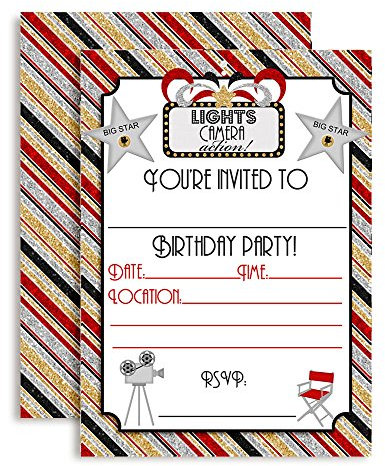 Lights, Camera, Action Movie Birthday Party Invitations, Ten 5x7 Fill in Cards with 10 White Envelopes by AmandaCreation