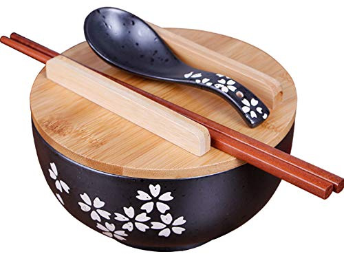 ZY&DD Japaner Stil Keramikschale,Schwarz Ramen Suppenschüssel,ESS-stäbchen Mit Deckel Retro Geschirr,Handgezeichnete Salatschüssel-schwarz 16cm(6inch)