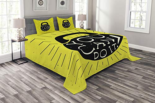 ABAKUHAUS Fitness Tagesdecke Set, Gewicht Kettlebell Text, Set mit Kissenbezügen Sommerdecke, für Doppelbetten 220 x 220 cm, Gelb Schwarz Creme