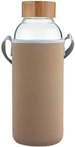 Ferexer 1.5 Litre Large Borosilicate Glass Water Bottle with Bamboo Lid with Neoprene Sleeve 1500 ml / 1.5 L Gold