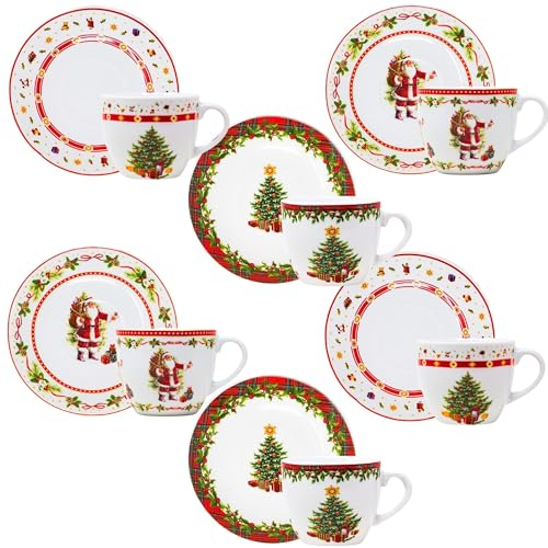 NAMAI - Set mit 6 Weihnachtlichen Kaffeetassen mit Untertasse – Spülmaschinenfest – Porzellan – Weihnachtsgeschirr - Weihnachtstassen -Weihnachtsgeschirr Set (Mixe)