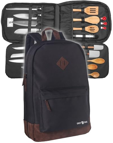 Chef Sac Chef Knife Bag Leather Finish Backpack | Premium Knife Storage & Chef Backpack | Knife Case with 30+ Pockets for Knives & Kitchen Tools | Knife Organizer for Chefs (Black)