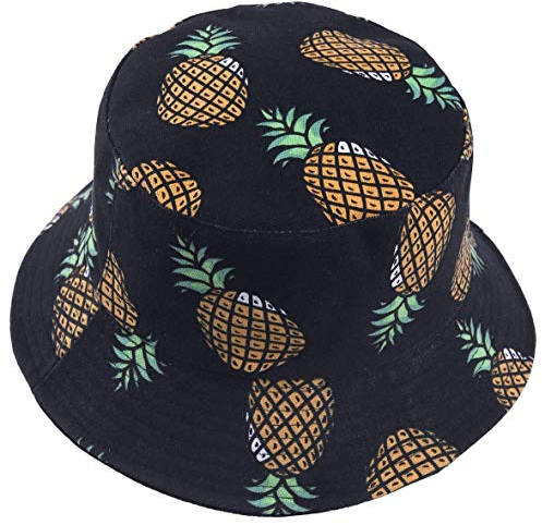 Tasty Life Herren Sommer Wende Eimer Hut-Damen Modischen Obstdruck Fischer Faltkübel Hut, Sommer Obst Banane Ananas Druck Doppelseitigen Fischer Hut Sonnenhut(M,Black)