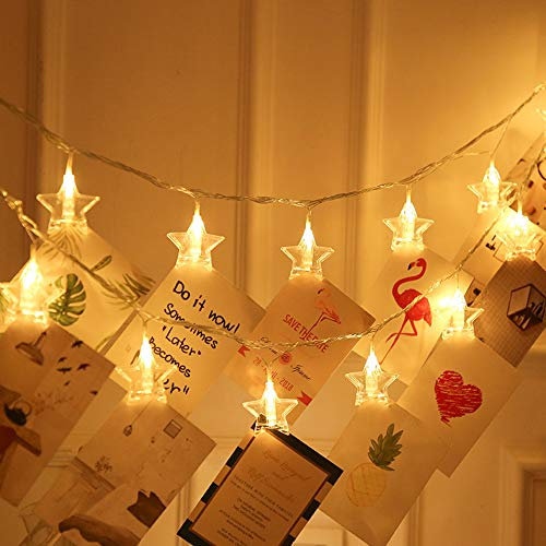 Gimartuk 20 LED Warm White Photo Clip String Lights Star Battery Powered 20 Clips Hanging Photo Display Peg Fairy Christmas Light for Bedroom Wedding Party Indoor Outdoor Decoration (Star)