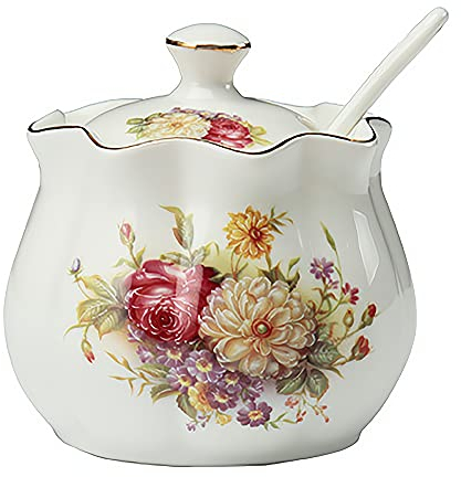 Ceramics Vintage Red Floral Sugar Bowl Saltbox Spice Jar Seasoning Box with Lid and Spoon 8oz White