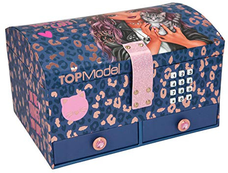 Depesche 11329 Schmuckkästchen mit Code und Sound, TOPModel Leo Love, mit lila Animal Print, ca. 15,7 x 20 x 12,5 cm groß, mit Spiegel und 6 Fächern