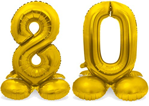 Stehende XXL-Folienballon-Set Zahl 80 in Gold als Deko für Geburtstag, Party und Jubiläum | Höhe: 72cm mit Basis | kein Ballongas notwenig | Zahlen Ballon Dekoration Folienballons