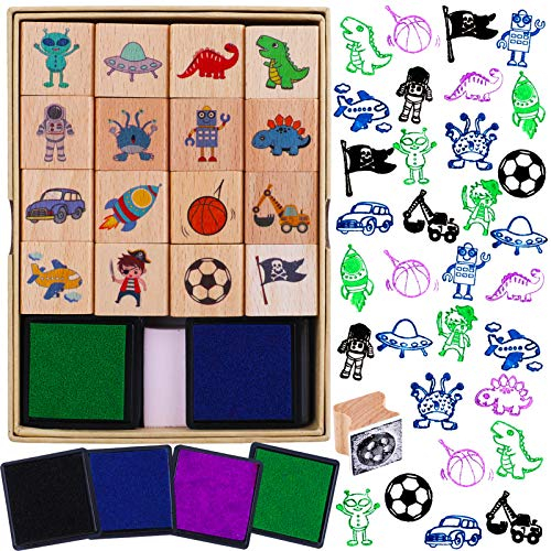 HOWAF 16pcs Hölzern Stempel für Kinder Jungen Basteln mit Stempelkissen 4pcs, Dinosaurier Fußball Weltraum Piraten Auto Stempel für Jungen DIY Karte Scrapbooking Weihnachten Geburtstag Gastgeschenke