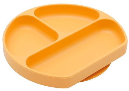Bumkins Toddler and Baby Suction Plate, Divided Grip Dish for Babies and Kids, Baby Led Weaning, Feeding Supplies, Sticks to Tables and Highchairs, Platinum Silicone, for Chidren 6 Months, Tangerine