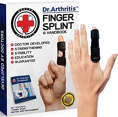 Dr. Arthritis Férula Dedo Desarrollada por Médicos - Ortesis para Índice, Medio, Anular y Meñique Extensora - Protector para Rehabilitación - Manual Sanitario Incluido (Talla L/XL, Negra)