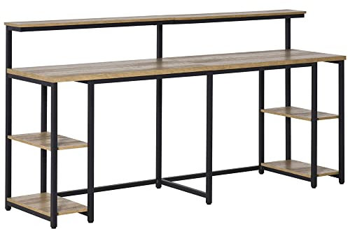 HOMCOM Scrivania Doppia con Scaffali e Mensola per Monitor in Stile Industriale, Scrivania con Libreria Salvaspazio per Ufficio e Studio in Metallo e MDF, 200x53x100cm, Nero Marrone