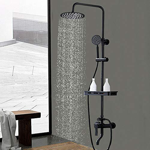 Colonne de douche 8 rétro en acier inoxydable avec étagère et douchette à main en laiton pour douche, salle de bain, noir